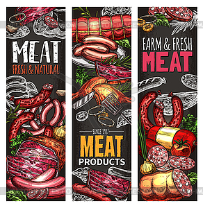 Meat and sausage chalkboard banner of butcher shop - vector clipart