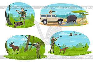 Hunter aiming rifle at animal cartoon icon design - vector clip art