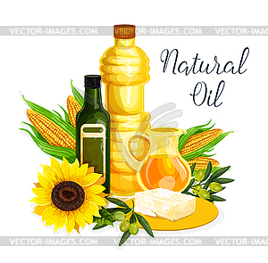 Organic oil poster with olive, corn and sunflower - vector image