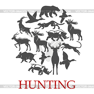 Hunting sport poster of forest and african animal - vector image