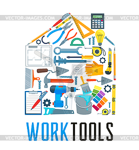 House with work tool icons for home repair design - vector EPS clipart