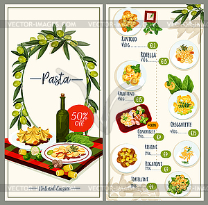 Pasta menu of Italian cuisine restaurant tempalte - vector image