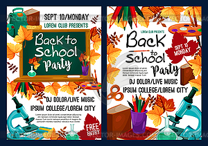 Back to school party poster with autumn leaf - vector image