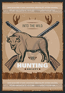 Hunter and hunt for bull poster design - vector image