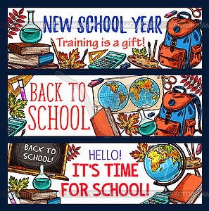 Back to School sketch stationery banners - vector EPS clipart