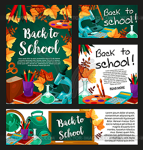 Chalkboard with school supplies banner design - vector image