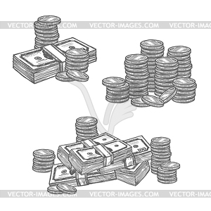 Dollar banknotes or cent coins sketch icons - royalty-free vector clipart