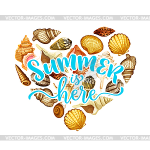 Summer beach seashell heart greeting card design - royalty-free vector clipart