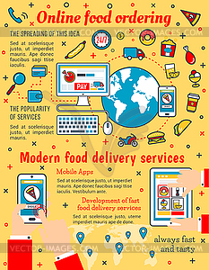 Online food delivery line art poster - vector clipart