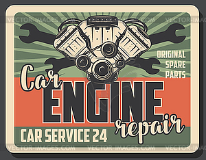 Car engine repair service vintage poster - vector clip art