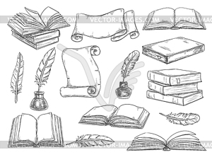 Retro books and literature quills sketch - vector image