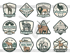 Hunting club icons with animals and hunter rifles - vector clipart