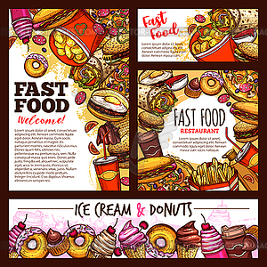 Fast food burgers, pizza and dessert sketch - vector clipart