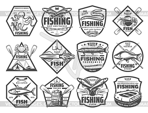 Fish and seafood fishing club icons - vector clip art