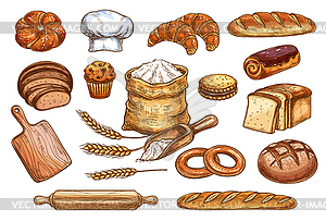 Bakery bread and pastry cakes sketch - vector clipart