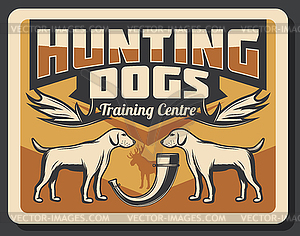 Hunting dogs, hunter horn and antler trophy poster - color vector clipart