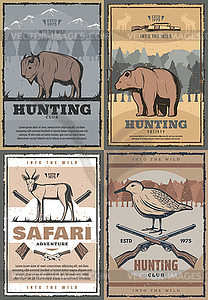 Wild animals hunting Safari adventure retro poster - vector clip art