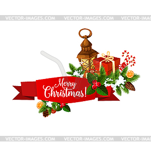 Christmas holiday ribbon banner with gift - vector image