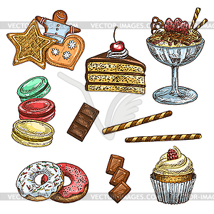Cake, cupcake and ice cream dessert sketch - vector clip art