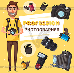 Photographer with photo items and camera - vector image