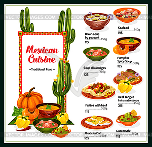 Mexican cuisine menu with dishes of Mexico - vector clipart