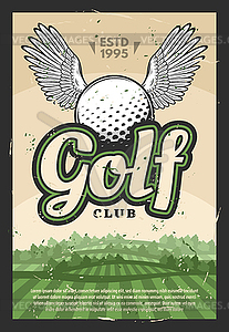 Golf club poster with winged sport ball - vector image