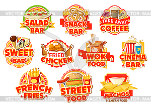 Fast food restaurant labels, burgers and drinks - vector image