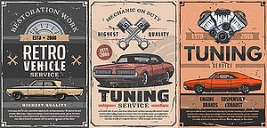 Tuning and retro vehicle restoration, spare parts - vector clipart