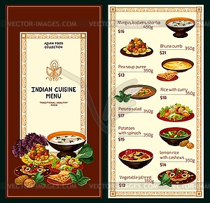 Indian cuisine dishes, traditional meal menu - vector image