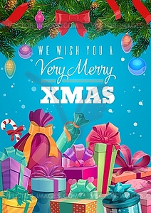 Christmas gifts with Xmas tree and present boxes - vector image