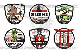 Japanese traditions, culture and food icons - vector clipart