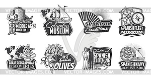 Spanish museum, tailor shop and olive icons - vector image