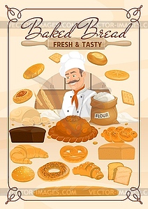 Bakery food, baker and bread products - vector image