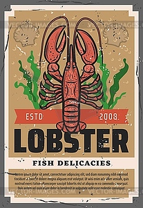 Seafood lobster restaurant delicacy, ocean fishing - vector image