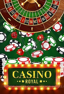 Casino poker, wheel of fortune, gambling chips - vector image