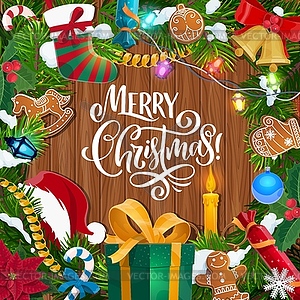 Christmas wreath with gifts on wooden background - vector image