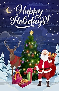 Рождественская елка с Дедом Морозом, оленями и подарками на Рождество - рисунок в векторе