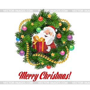 Santa with Christmas gifts in frame of Xmas wreath - vector clipart