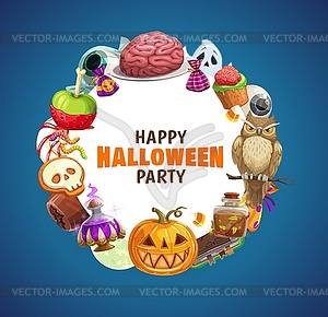 Halloween pumpkin, trick or treat candies, ghost - vector image