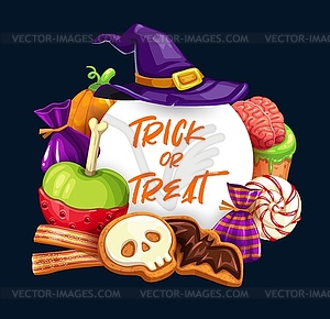 Halloween pumpkins, witch hat, sweets and candies - vector image