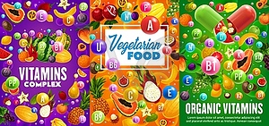 Vitamins in orange fruit, mango, banana, grapes - vector image