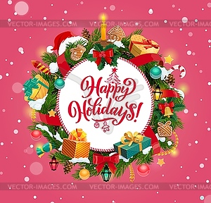 Christmas wreath of Xmas tree, gifts and presents - vector image