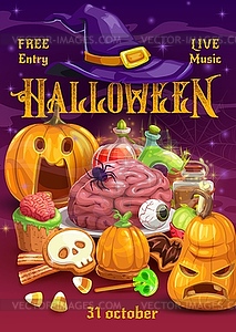 Halloween pumpkins with candies, witch hat, potion - vector clip art