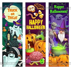 Halloween pumpkins, ghosts, mummy and wizard - vector clipart