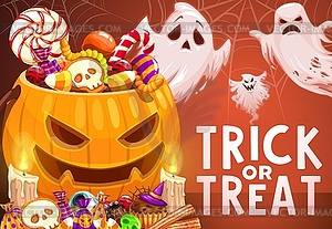 Halloween pumpkin, trick or treat candies, ghosts - vector image