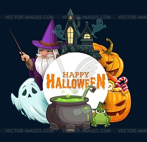 Halloween pumpkins with candies, ghosts, wizard - vector clipart