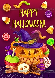 Halloween trick or treat candy, pumpkin, witch hat - vector image