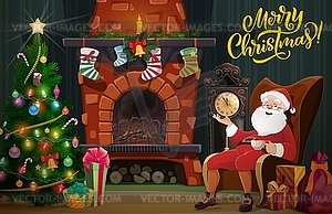 Christmas fireplace, Xmas tree, gifts and Santa - vector clip art