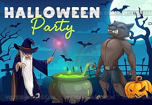 Halloween werewolf and wizard making potion - vector image