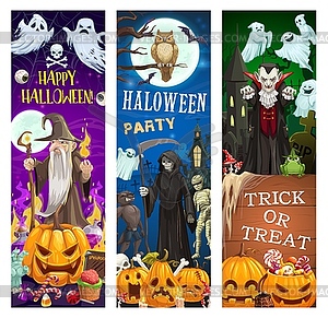 Halloween ghosts, dracula vampire, pumpkins, bats - vector clipart